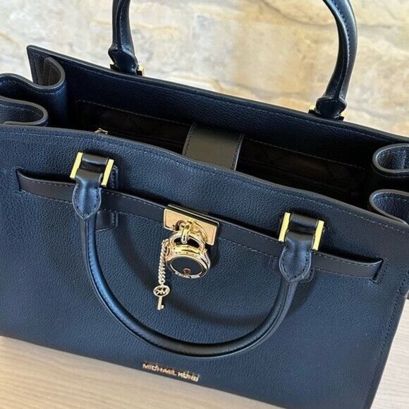 MICHAEL KORS Hamilton Medium Satchel Leather Bag Black gold +wallet set NWT - Picture 6 of 15